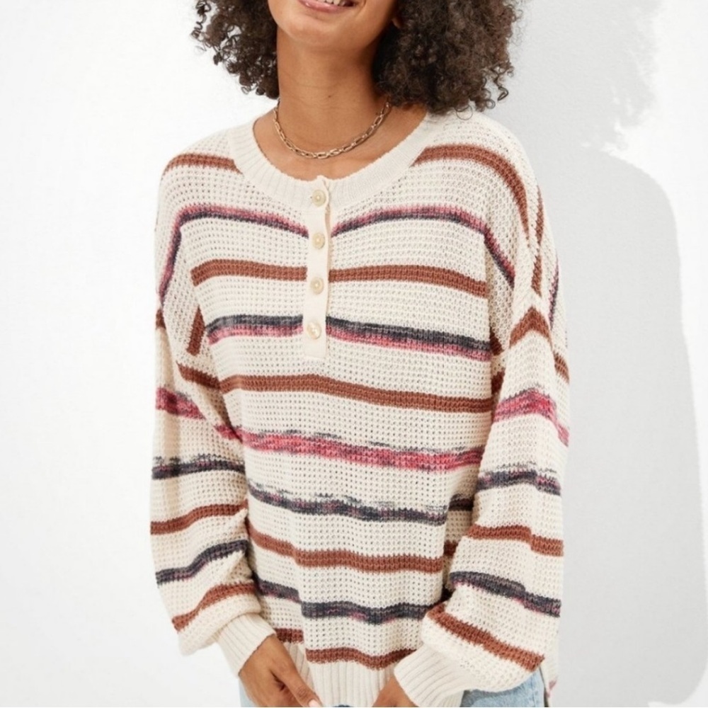 American Eagle Cream Striped Open Knit Relaxed Henley Sweater